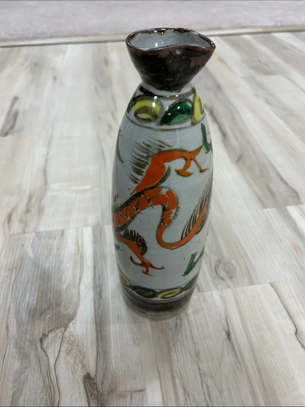 Hand-Painted Ceramic Sake Bottle with Orange Dragon Motif
